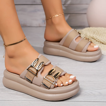 Women'S Stylish Black Slide Sandals with Golden Buckles - Comfortable Flat Sole, Open-Toe Design, Perfect for Beach or Casual Summer Wear, Casual Summer Wear Open Toe Sandals Synthetic Cover Sandals