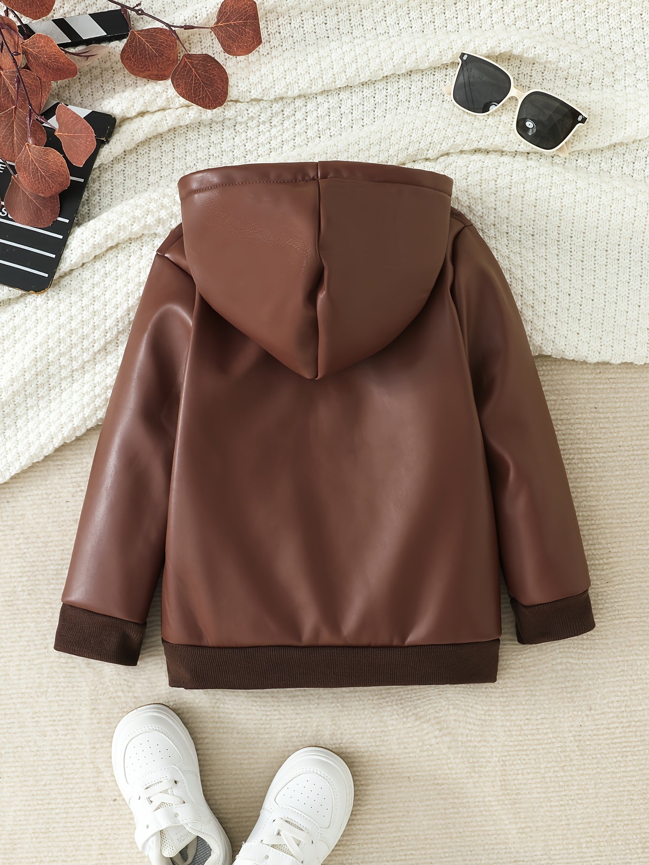 Boys' Fleece Lined PU Leather Jacket Warm Hooded Coat