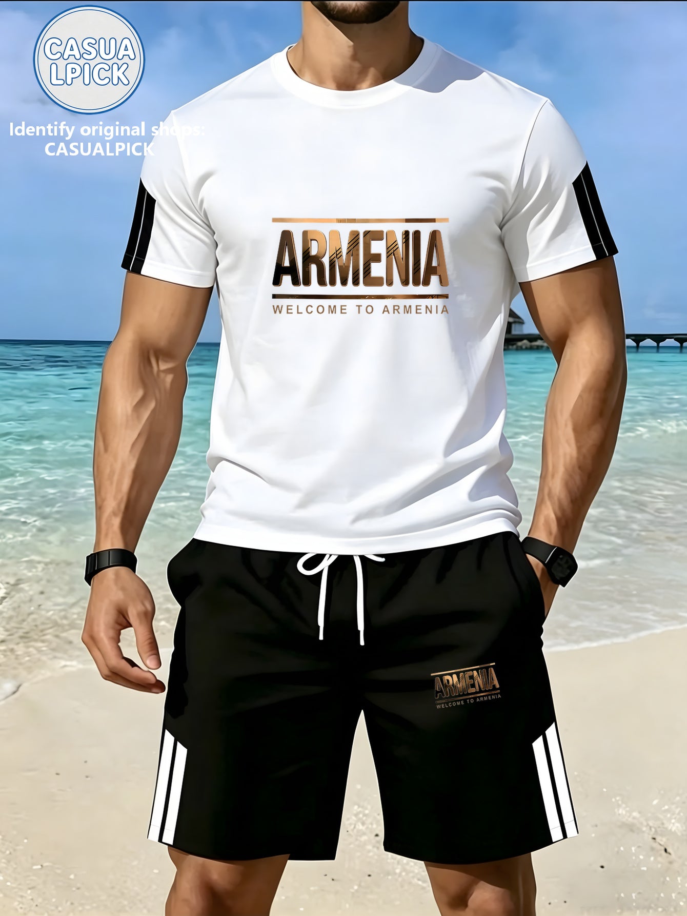 Men's Casual Short-Sleeve Top and Shorts Set with Print