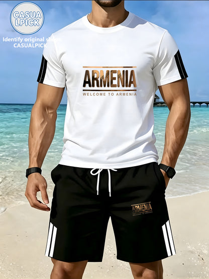 Men's Casual Short-Sleeve Top and Shorts Set with Print