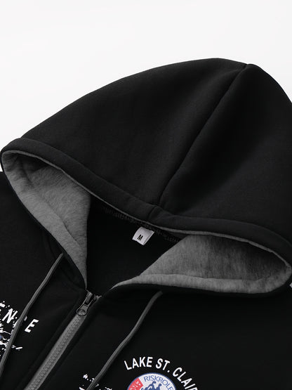 Men's Hooded Letter Print Tracksuit, 2pcs Casual Sports Set, Fashion Hoodie With Full-zip And Elastic-waist Pants, Regular Fit, Outdoor Cloth