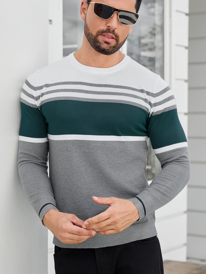 Men's Casual Comfort Knit Sweater, New Spring/Autumn Round Neck Base Layer Three-Stripe Contrast Color Pullover