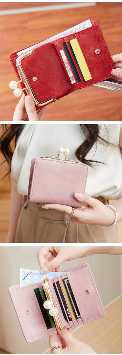 Women's Wallet Short Compact Three Layer LargeCapacity Retro Pearl Wallet High Quality PU Multi Card Seat/Coin ZeroWallet