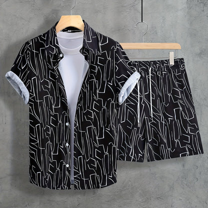 Men'S Summer Casual Short Sleeve Shirt and Shorts Set, Geometric Pattern, Square Neck, Regular Fit, 100% Polyester, Woven Fabric, 120g/m² - Black