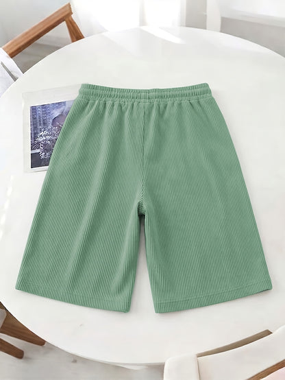 Women’s Casual Loose-Fit Corduroy 5-Point Pants with Elastic Waist