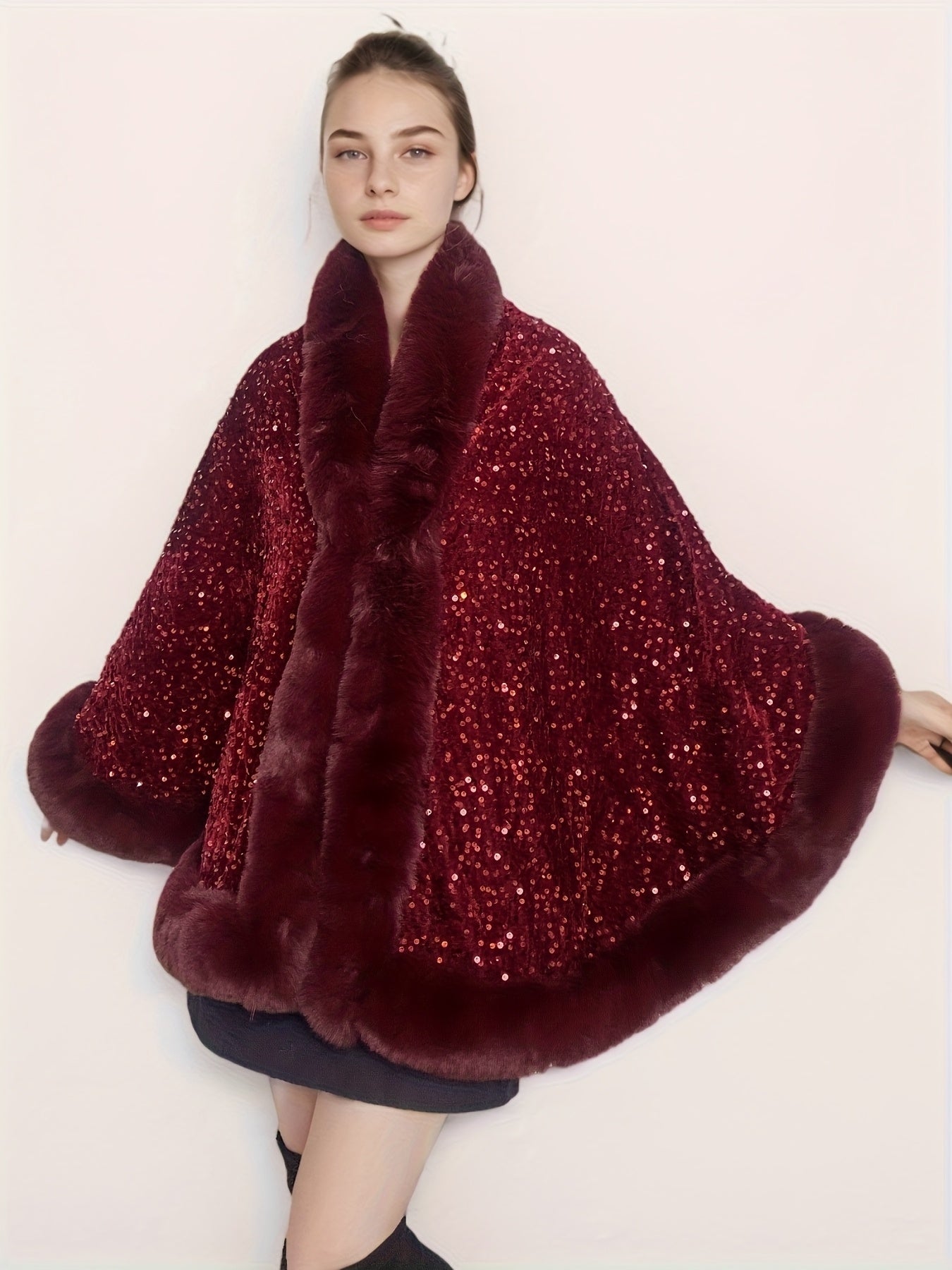 Plus Size, Women's Elegant Shawl Cloak Poncho - Luxury Brown Cape with Sparkling Glamour, Thick Winter Coat for Parties, Formal Events - Non-Stretch Fabric, Easy Care Elegant Wrap for Everyday Special Occasions, Party Wear, C