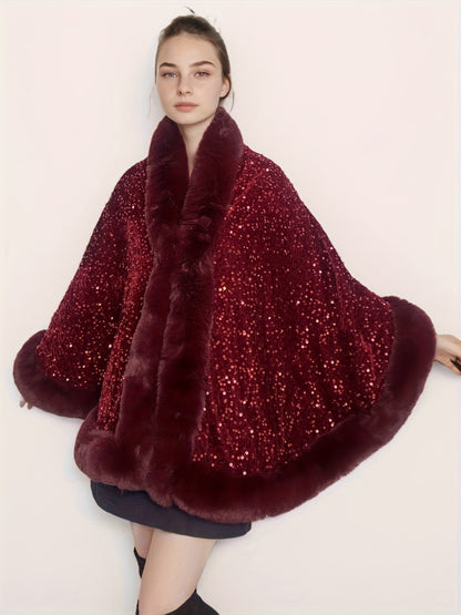 Plus Size, Women's Elegant Shawl Cloak Poncho - Luxury Brown Cape with Sparkling Glamour, Thick Winter Coat for Parties, Formal Events - Non-Stretch Fabric, Easy Care Elegant Wrap for Everyday Special Occasions, Party Wear, C