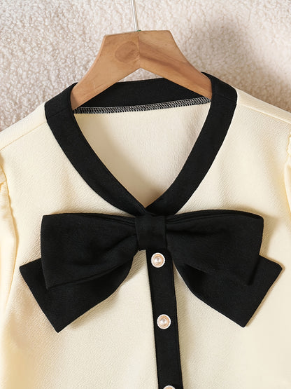 Girls' Preppy Two-Piece Set with Bow & Pleated Skirt