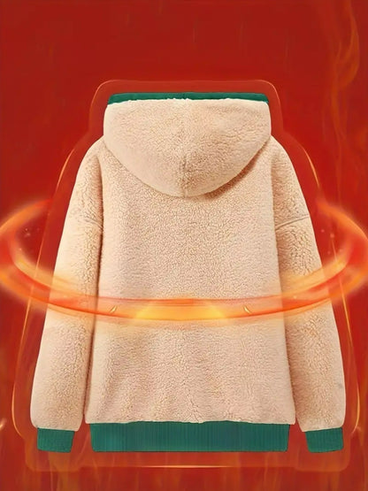 Women'S Thick Fleece Hooded Sweatshirt with Cute Bear Print & Plush - Cozy Winter Warmth, Drawstring Hood & Pockets, Casual Retro Style, Machine Washable For Fall/winter Commuting & Daily Wear, Winter Sweatshirt, Seasonal Fas