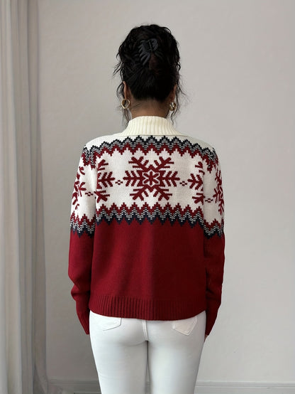 Women's French-Style High Neck Half-Zip Sweater - Christmas Red Winter Blouse bonne for party, Casual & Holiday Outfits - Cozy Fall Winter Sweatershop with half-zip Front & Medium-Stretch Fabric (Hand Washable)