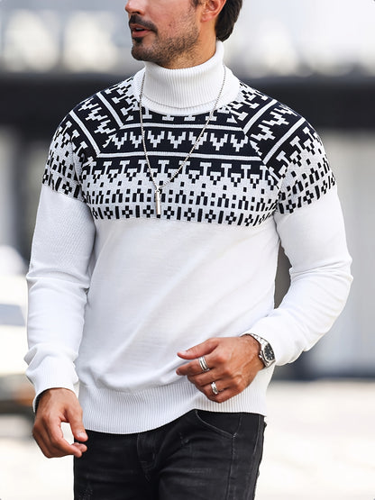 Men's Geometric Graphic Print Knitted Pullover, Casual Long Sleeve Turtle Neck Sweater For Fall Winter, Outdoor Cloth