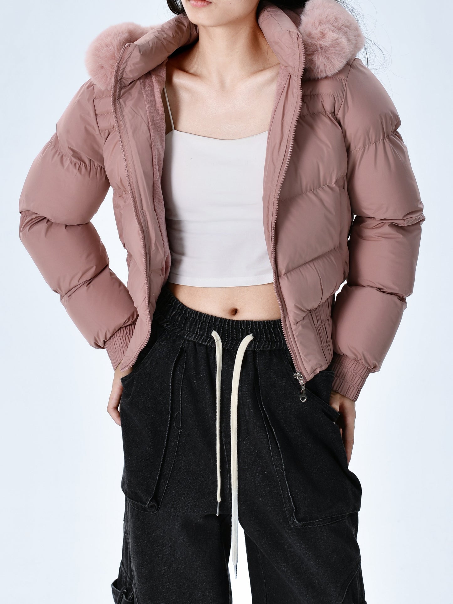 Elegant Polyester Padded Jacket for Women - 2024 Fashion Short Solid Color Coat with Thick Faux Fur Collar, Long Sleeves, Zipper Detail, Woven - Winter Warmth Casual Outerwear