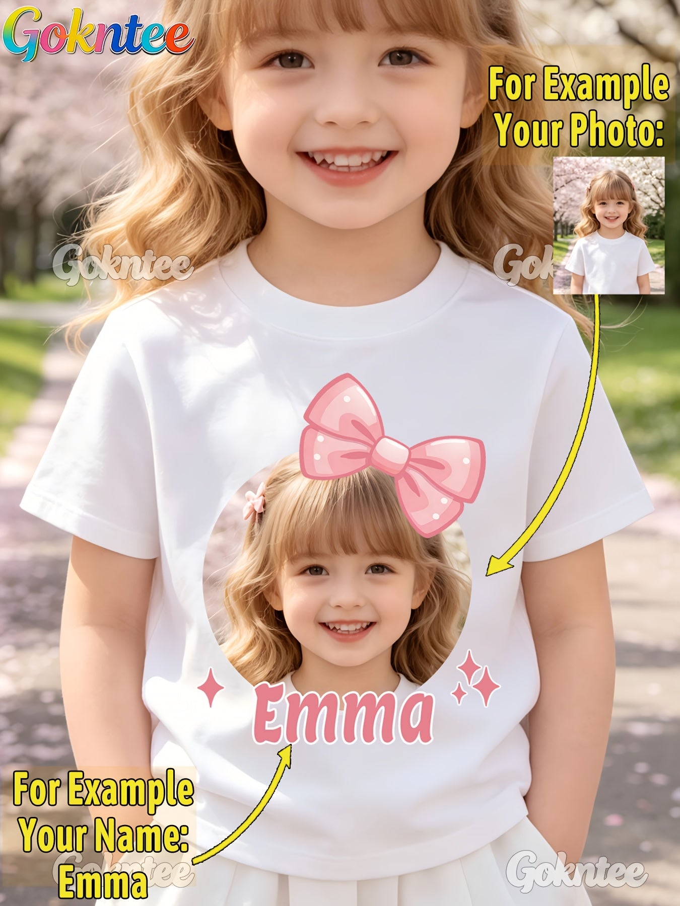 Girls' Personalized Cartoon T-Shirt with Pink Bow, Crew Neck