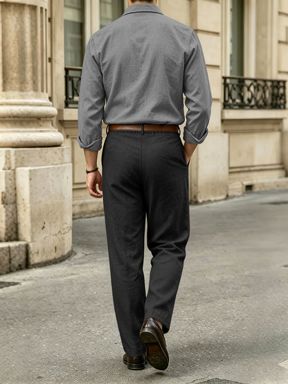 Men's Casual Linen Lapel Shirt & Buckle Pants Set for Spring/Fall
