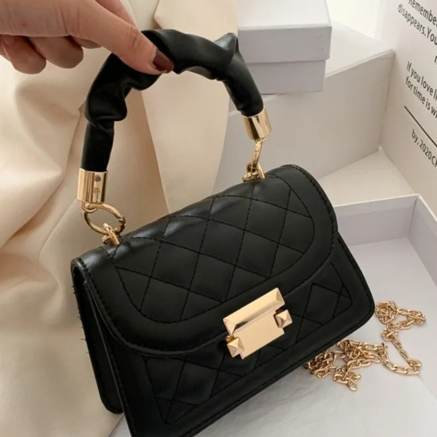 Quilted Small Crossbody Bag Compact Capacity Ruched Handle Golden Hardware Mini Handbag for Women (Black/White/Lavender)