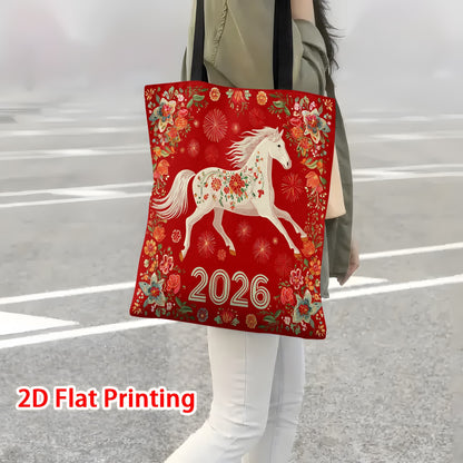 1pc Women's Year of the Horse 2026 Lunar New Year Tote Bag - Large Capacity Foldable Red & Golden Chinese Zodiac Horse Print, Durable Handbag for Shopping, Travel, Daily Use, Gift for 2026 Birth Year Celebration, 2D Flat