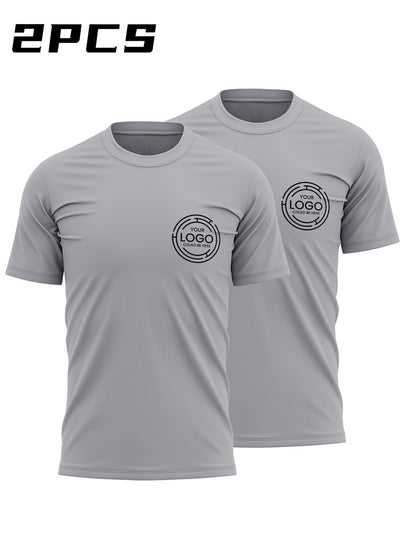 2pcs Men's Quick-Dry T-Shirts - Moisture-Wicking Breathable Gym Shirts with Custom Logo Print, Regular Fit Round Neck for Workout  Casual Wear, Workout Shirts, Durable Sportswear