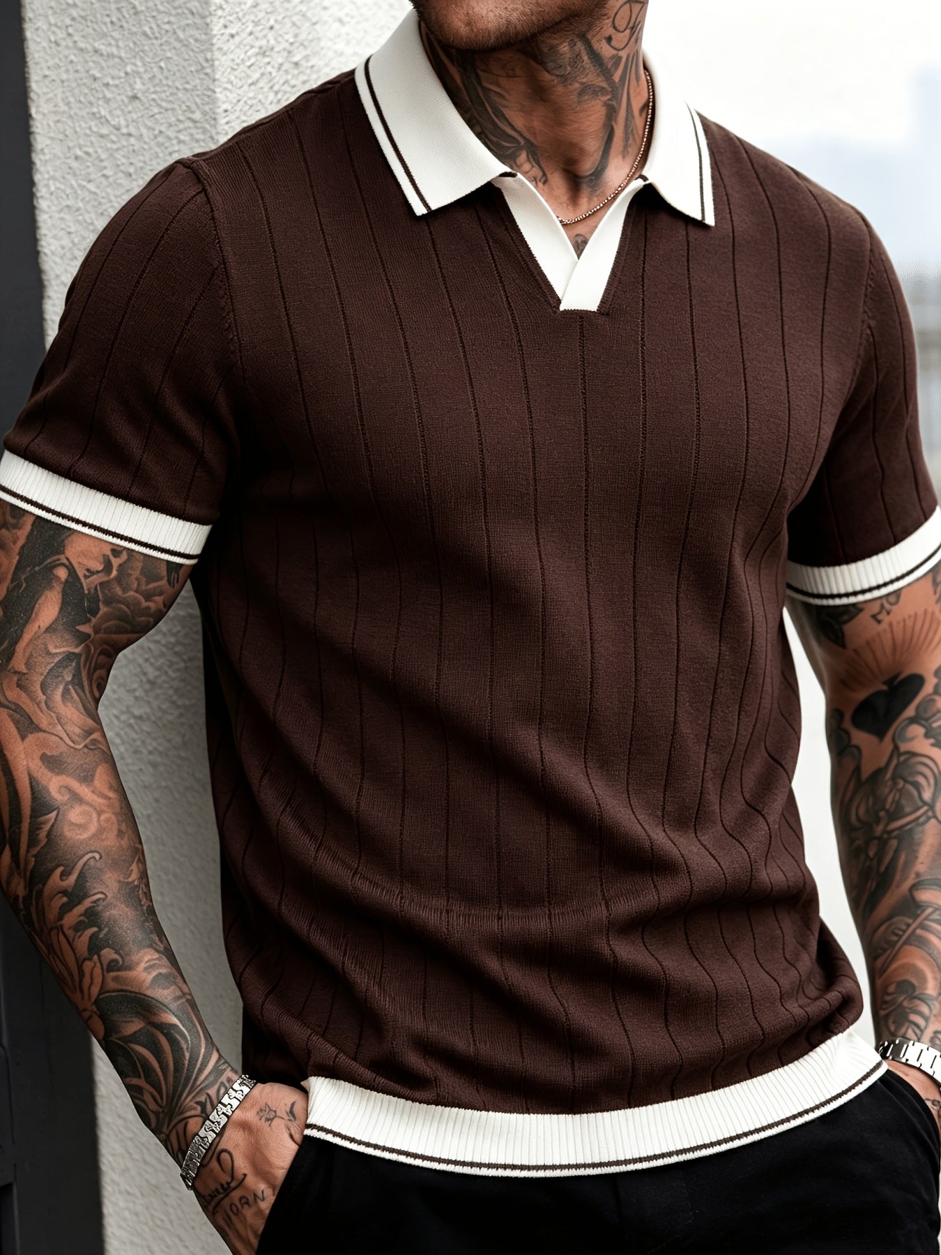 Men's Summer Striped Knit Polo Shirt with Contrast Collar