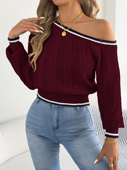 Autumn and Winter Casual Vacation Off-Shoulder Long Sleeve Pullover Sweater with Waist Cinching Striped Cable Stitch Women's Cardigan