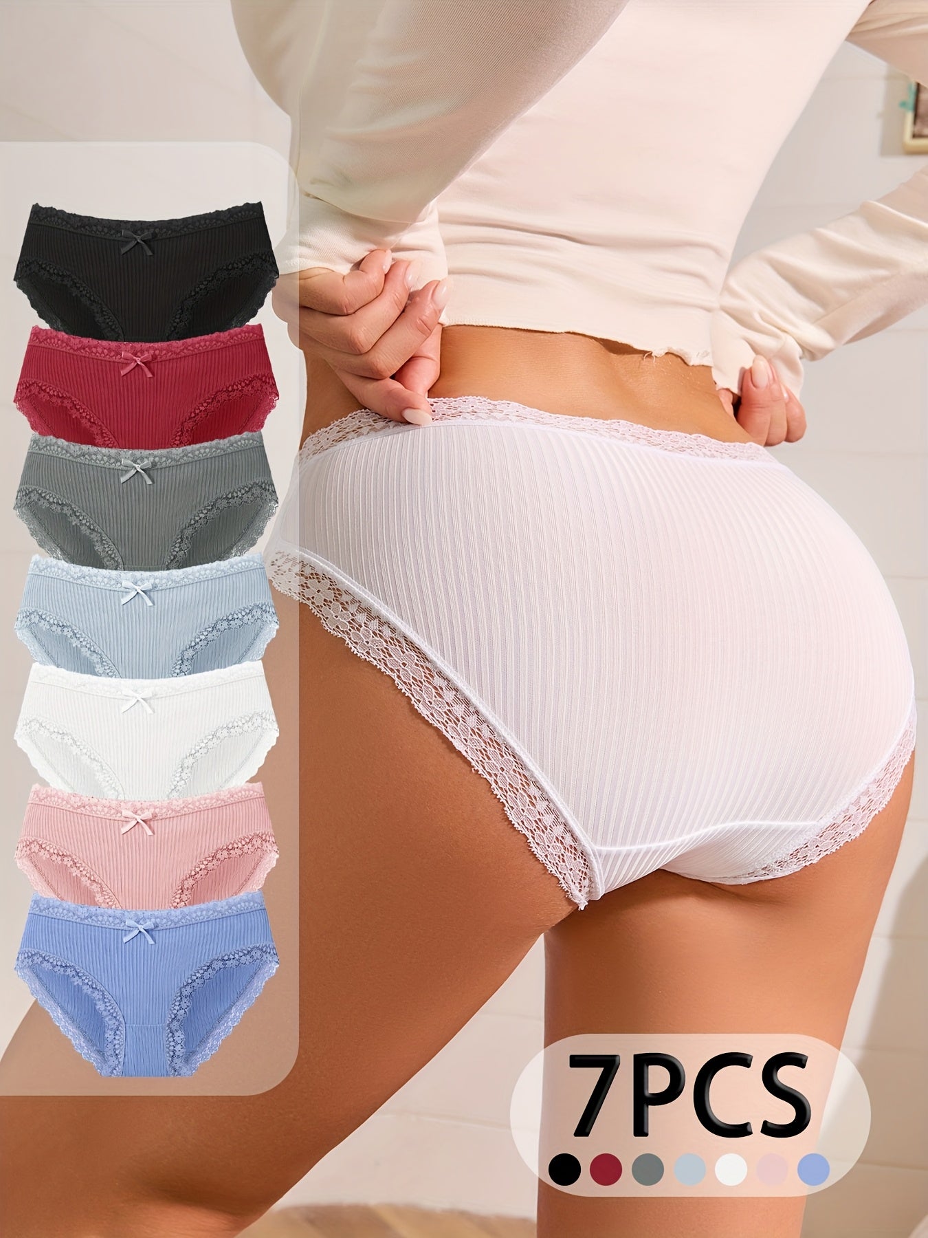 7pcs Women's High-Waisted Ribbed Briefs with Lace Trim - Soft & Breath