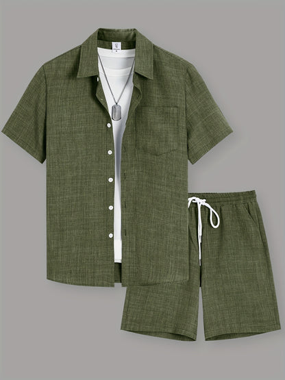 Men's Summer Casual Solid Color Shirt and Shorts Set
