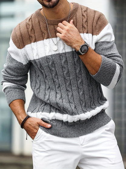 Men's Color-blocked Tweed Knitted Sweater, Round-neck Long-sleeved Knitted Color-blocked Light Gray for Business and Casual Outings