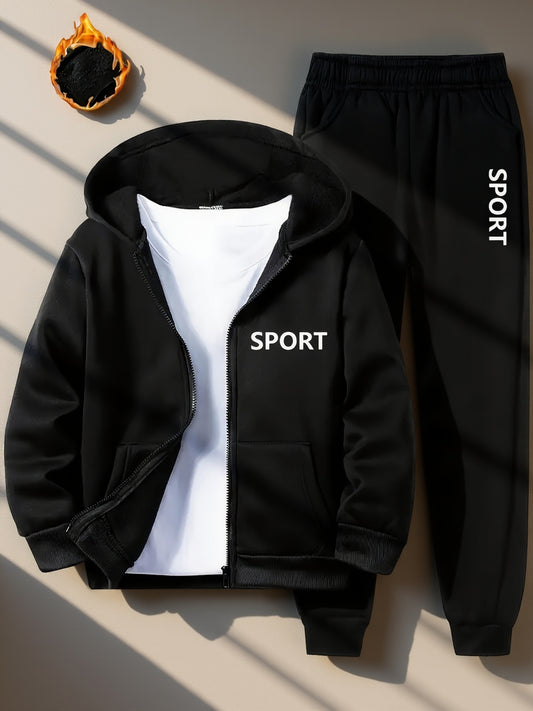 1 Set of 2pcs [Warm Fleece Jacket Set for Boys] Comfortable Fleece Jacket Boy Zip Hoodie And Pants Set | Letter Print, Long-Sleeved Casual Sportswear with Pockets, Perfect for Autumn And Winter Jogging And Outdoor Activities,