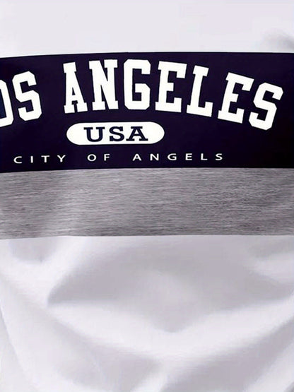 Men'S Casual Los Angeles Graphic T-Shirt - Short Sleeve, Round Neck, White with Purple  Gray Stripes, Comfortable Summer Tee for Casual Attire, Everyday Tshirt   Casual Style   Comfortable Fit
