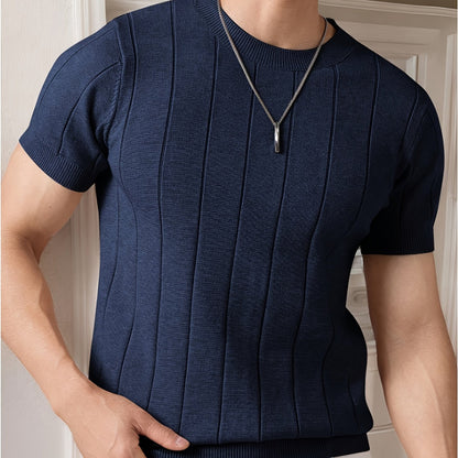 Men's Slim Fit Striped Textured Knit Crew Neck T-Shirt - High Elasticity Short Sleeve Casual Top for Spring/Autumn, Breathable Daily Leisurewear, Spring Fashion, Classic Style, Durable Construction, Pullover Shirt, Stylish Me