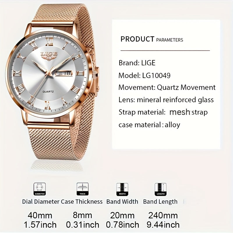 LIGE Women's Elegant Stainless Steel Quartz Watch with Date
