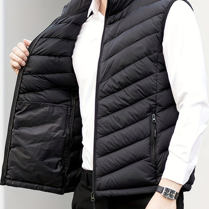 Men's Winter Sleeveless Warm Vest Jacket, Casual Fashion Zippered Multi-Pocket Solid Color Stand Collar Black Thermal Gilet for Autumn/Winter Outdoor Leisure Sports Hiking Lightweight Waistcoat Coat