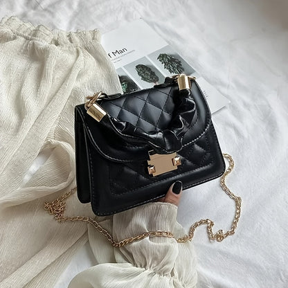 Quilted Small Crossbody Bag Compact Capacity Ruched Handle Golden Hardware Mini Handbag for Women (Black/White/Lavender)
