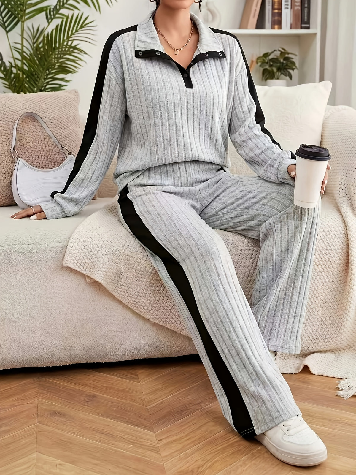 Women's Casual Color-Block Long Sleeve Pajama Set for Fall/Winter - ayq