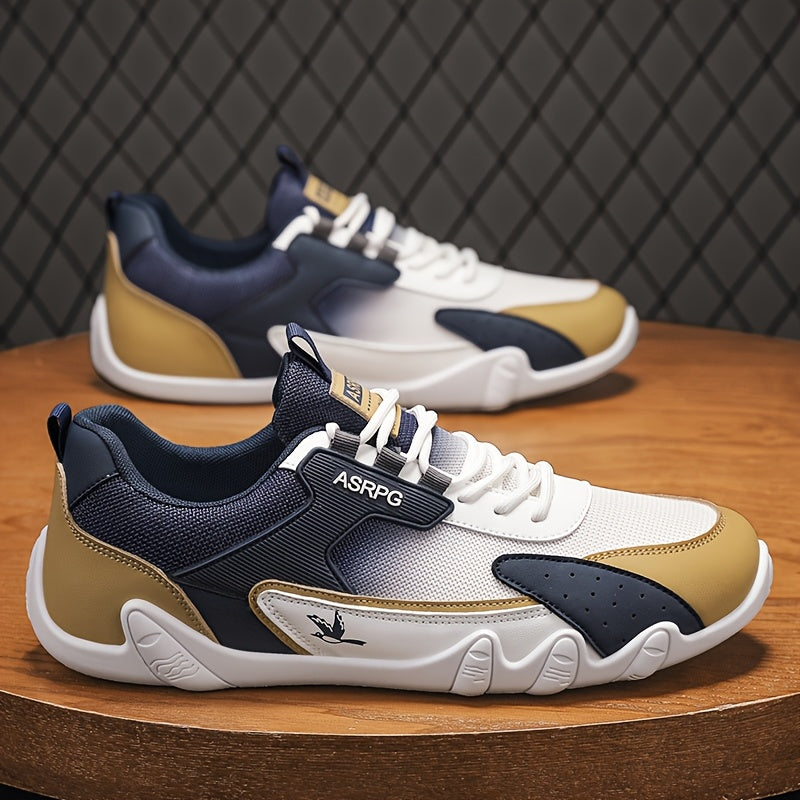 Men's Breathable Low-Top Casual Sneakers - Sporty Lace-Up Walking Shoes with Navy/White/Golden Accents, All-Season Outdoor  Everyday Comfort, Durable Fabric Upper  PVC Sole, Comfortable Footwear, Sleek Shoe Design, Lightwei