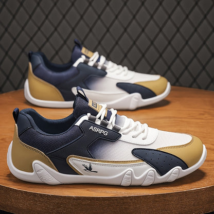 Men's Breathable Low-Top Casual Sneakers - Sporty Lace-Up Walking Shoes with Navy/White/Golden Accents, All-Season Outdoor  Everyday Comfort, Durable Fabric Upper  PVC Sole, Comfortable Footwear, Sleek Shoe Design, Lightwei