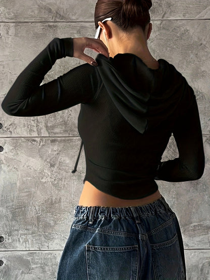 Women'S Elegant Zip-Up Hooded Jacket - Long Sleeve, Black Ribbed, Drawstring Front, Casual Style for Spring/Fall, Casual Outerwear | Hooded Jacket | Construction, Essential Hoodie