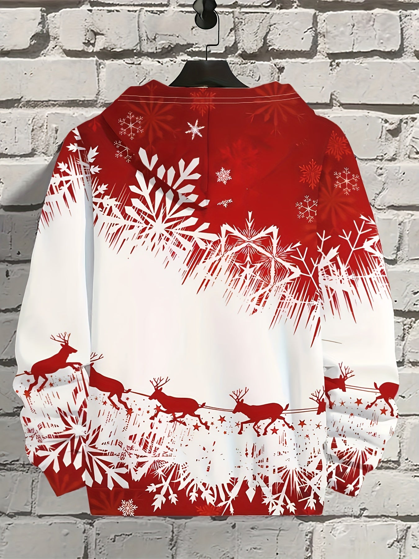 Men's Winter Red & Black Snowflake Print Hooded Sweatshirt - 100% Polyester Casual Pullover Sweater with White Piping, Relaxed Fit for Christmas & New Year's Eve Parties, Machine Washable Spring/Fall Layering Essential (Men's