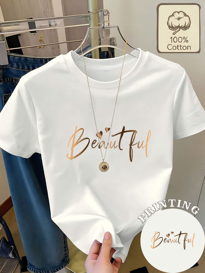 Women's Cotton Summer T-Shirt with 'Beautiful' Print and Hearts