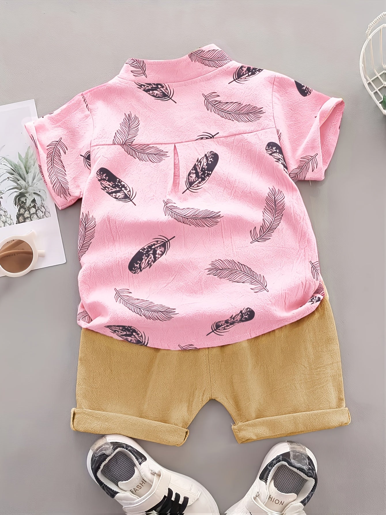 Baby Boys Cotton Feather Print Short Sleeve Shirt & Shorts Set