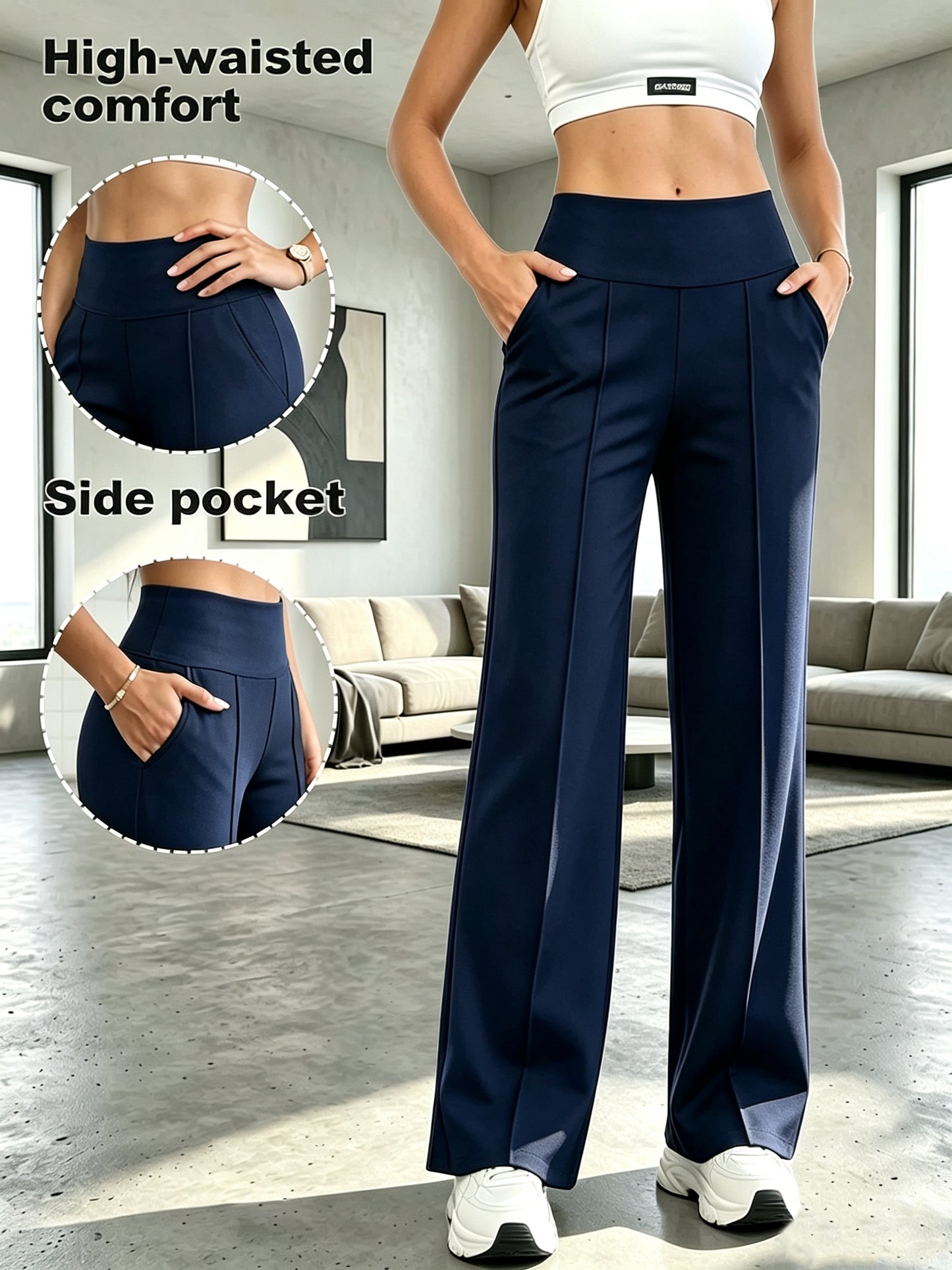 Women's High-Waist Tummy Control Wide-Leg Pants with Pockets