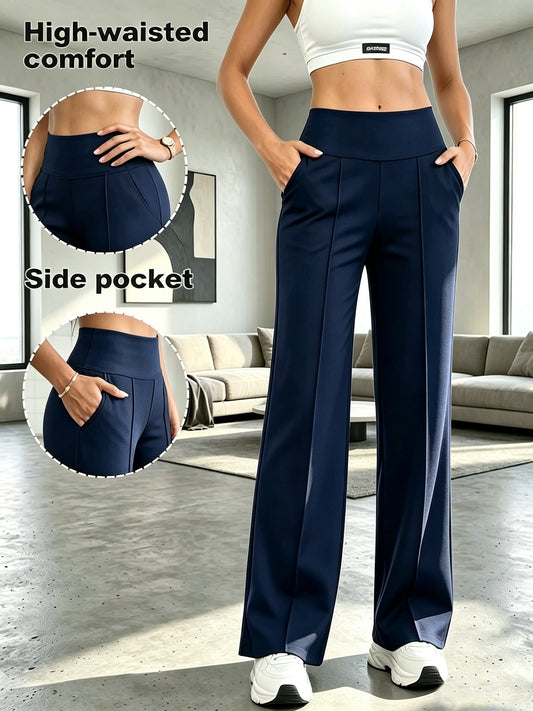 Women's High-Waist Tummy Control Wide-Leg Pants with Pockets - ayq