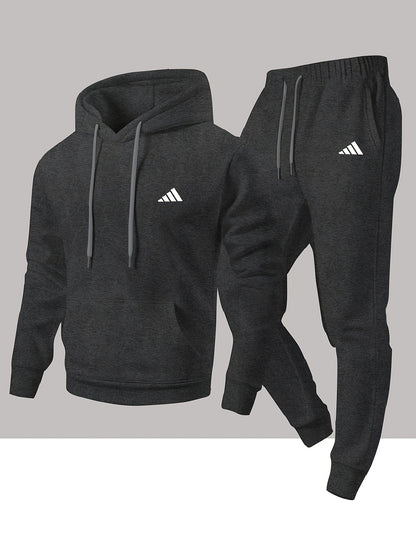 Men'S Trendy And Minimalist Triangular Striped Logo Hoodie And Sweatpants Set for Spring And Autumn, Featuring a Loose And Comfortable Design Suitable for Sports And Leisure, Machine Washable