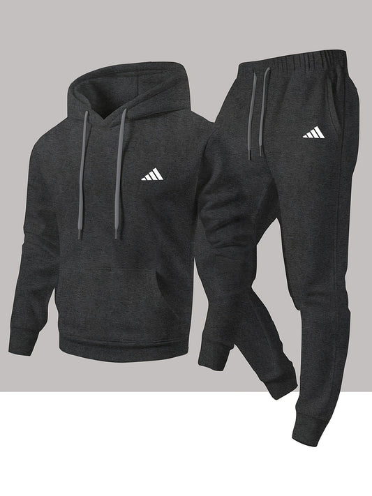 Men'S Trendy And Minimalist Triangular Striped Logo Hoodie And Sweatpants Set for Spring And Autumn, Featuring a Loose And Comfortable Design Suitable for Sports And Leisure, Machine Washable