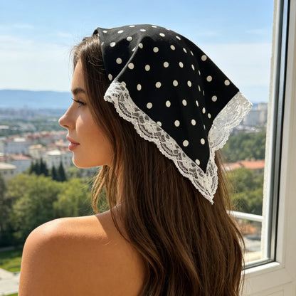 Women’s Stretch Lace Trim Polka Dot Bandana Headscarf