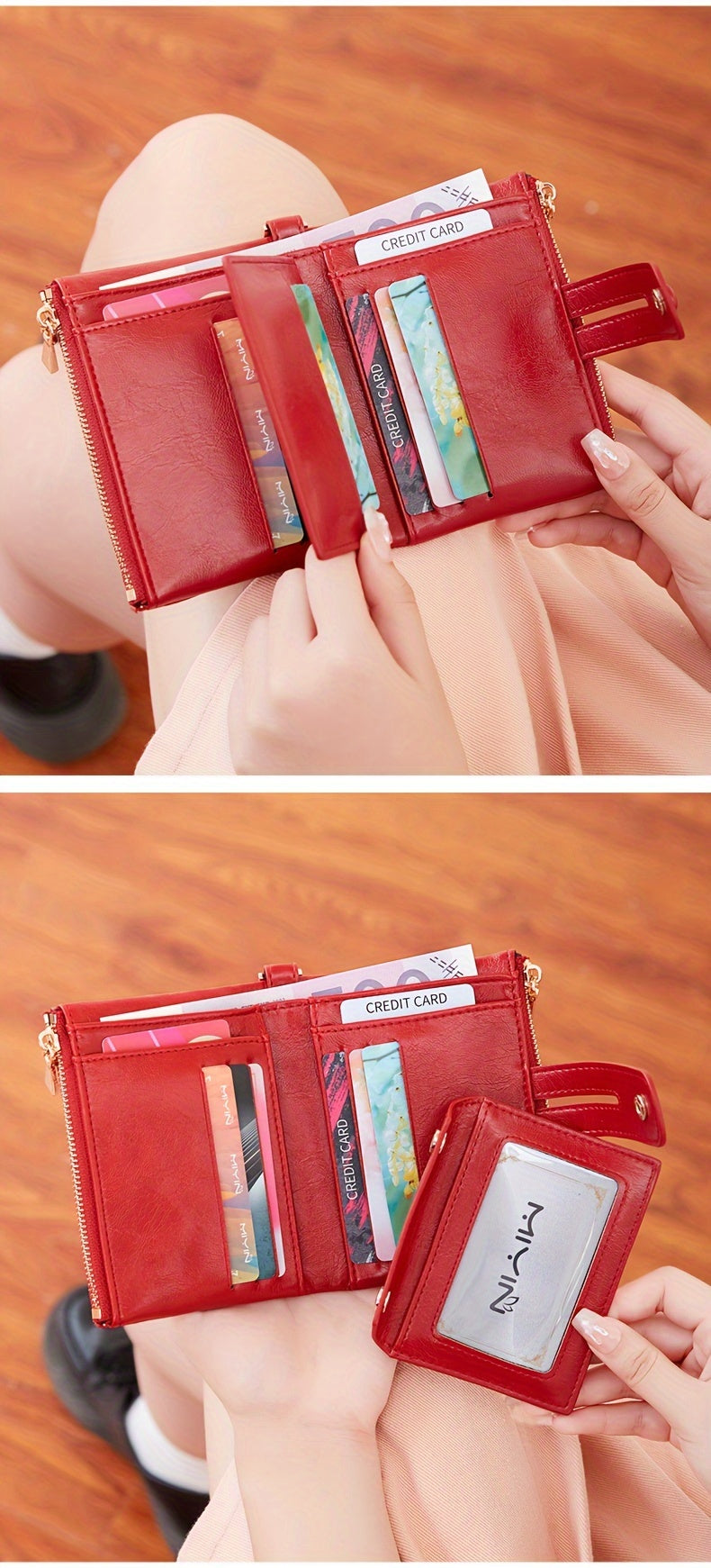 MIYIN Women'S & Men'S Red Bifold Wallet with Anti-Theft Chain Lock, Golden-Tone Hardware & Removable ID Window - Multi-Compartment Organizer with Card Slots