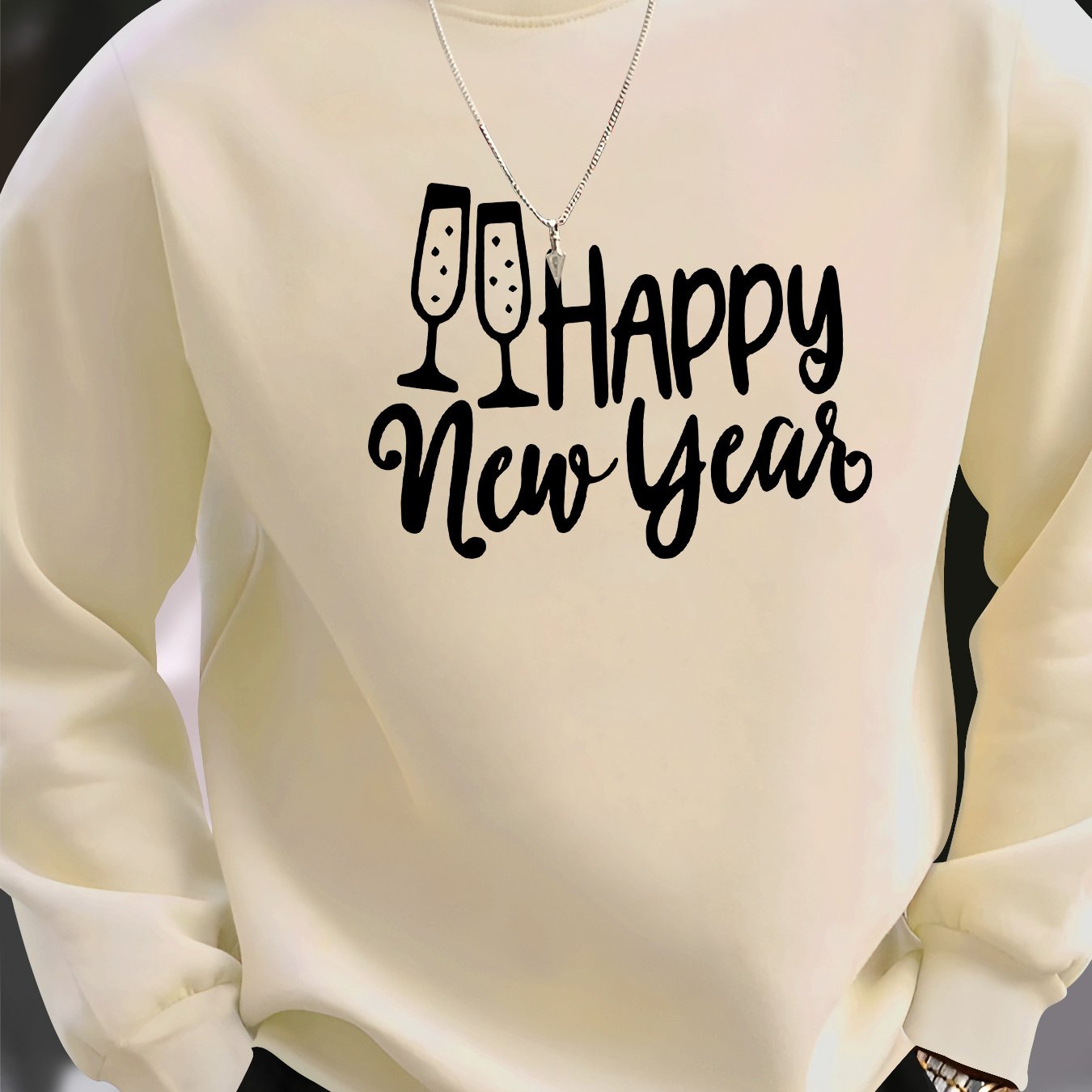 Men's Happy New Year Print Sweater - Champagne Glass & Confetti Design, Round Neck Casual Pullover, Machine Washable Winter Warmth, Comfortable Knit Sweater for Parties & Casual Attire (New Year's Eve Outfits) - Stylish Men's