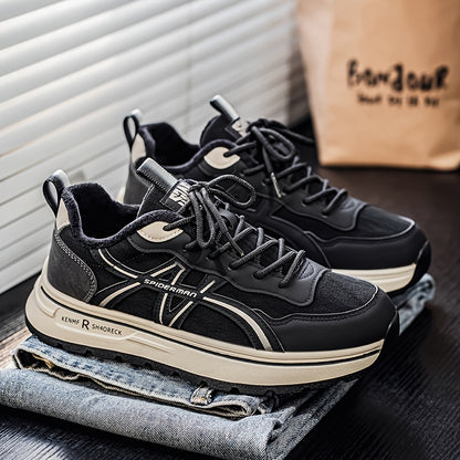 Men's Winter Thermal Low-Top Sneakers with Warm - All-Black Round Toe Lace-Up Shoes Suitable for, Outdoor, Daily Wear - Rubber Sole & Upper