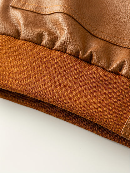 Men'S Faux Leather Bomber Jacket with Fleece Lining - Casual Motorcycle Style, Zip-Up, Long Sleeve, Drop Shoulder, Polyester Lining, Regular Fit, Outdoor & Hiking Wear, Outdoor Jacket | Bomber Jacket | Polyester Lined Jacket