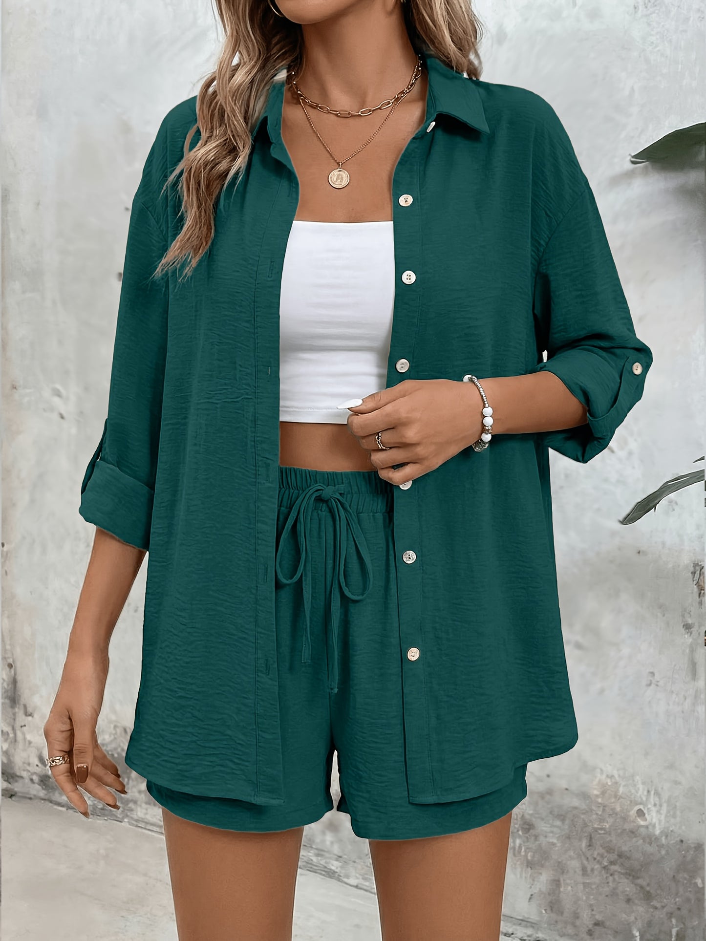 Women's Casual Long-Sleeve Shirt & High-Waist Shorts Set for Spring/Su