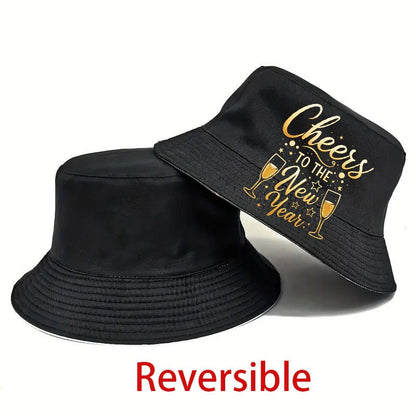 1pc Cheers to the New Year Bucket Hat - Lightweight Reversible Beach Hat with Golden Stars & Champagne Glasses Design, & Golden Party Hat for Men & Women, Christmas Vacation Holiday Headwear Gift